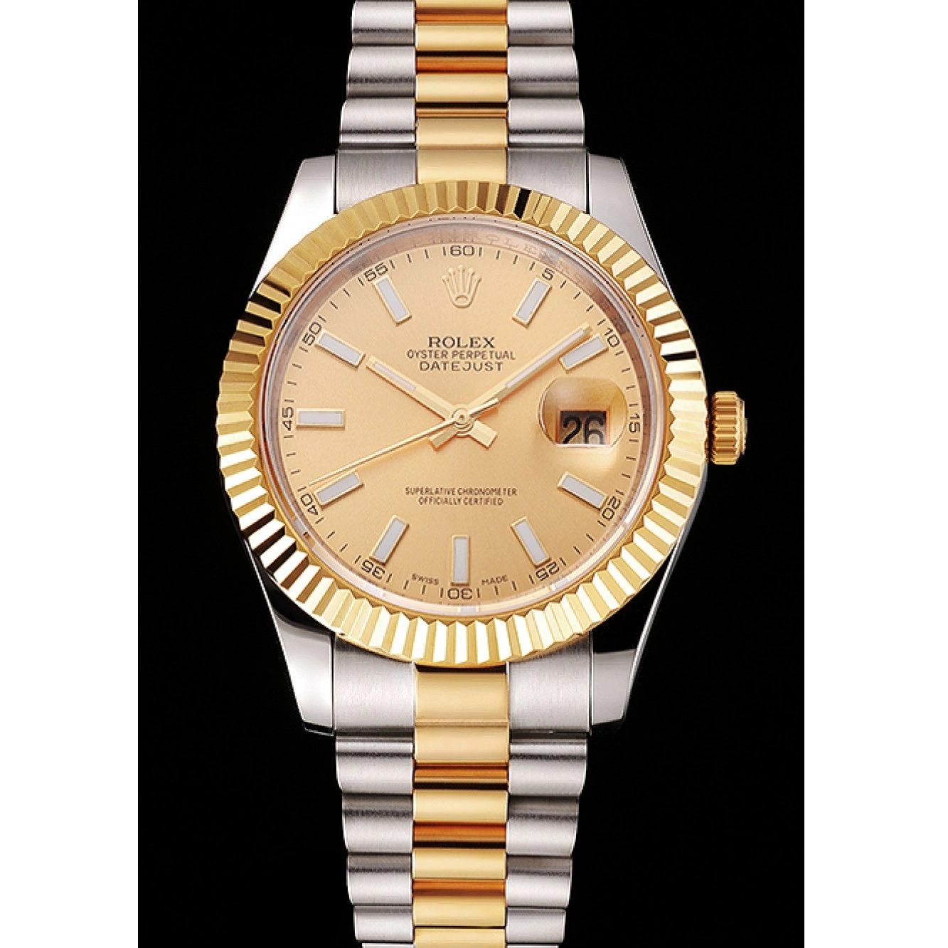 Aaa replica watch Datejust Bezel Rolex Gold Swiss Two Dial Stainless Gold Steel Tone Case Bracelet 0614
